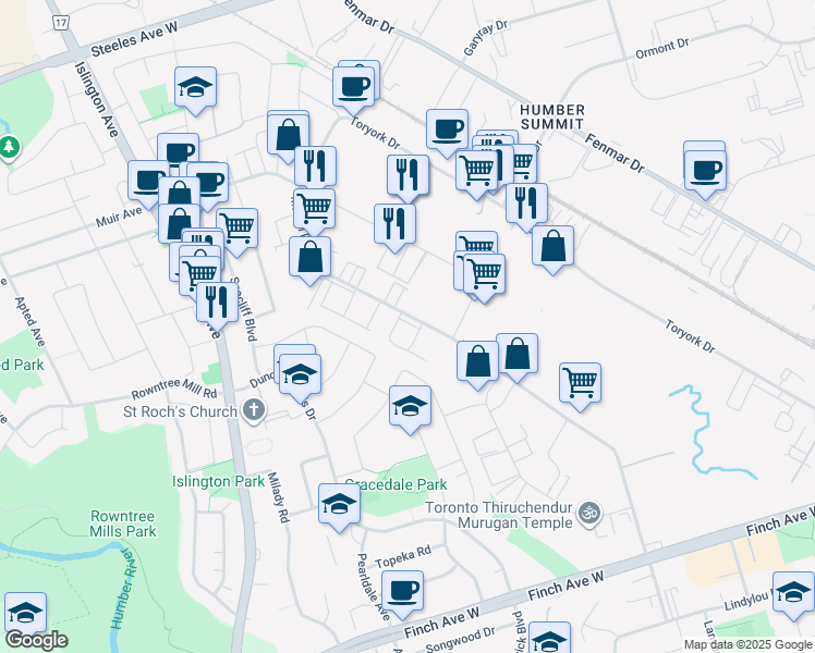 map of restaurants, bars, coffee shops, grocery stores, and more near 118 Milvan Drive in Toronto