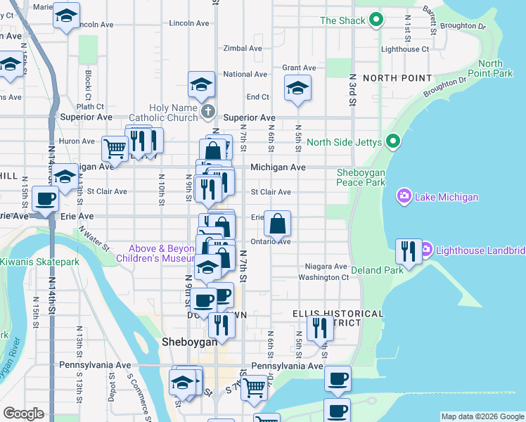 map of restaurants, bars, coffee shops, grocery stores, and more near 1105 North 6th Street in Sheboygan