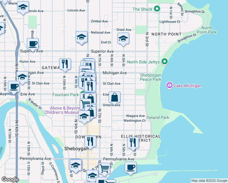 map of restaurants, bars, coffee shops, grocery stores, and more near 1105 North 6th Street in Sheboygan