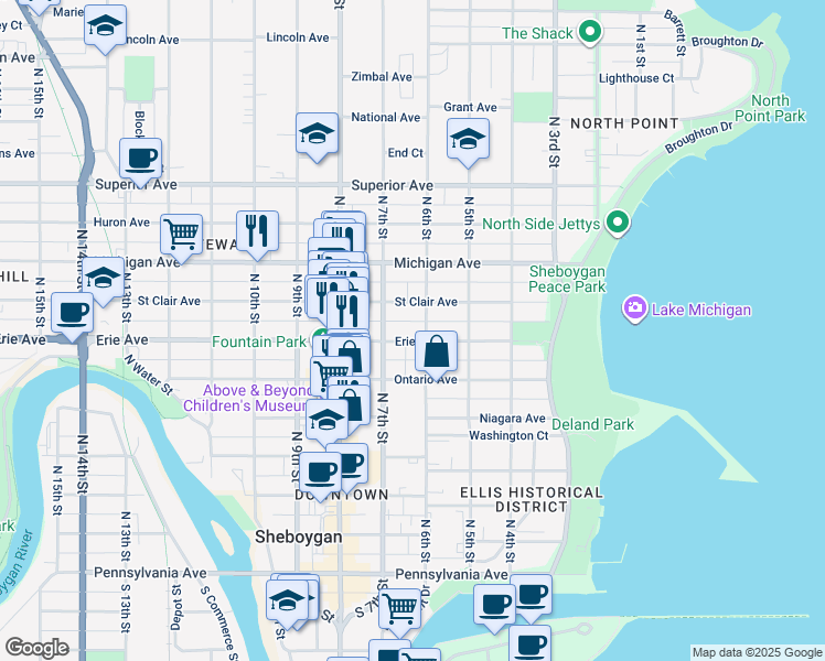 map of restaurants, bars, coffee shops, grocery stores, and more near 1105 North 6th Street in Sheboygan