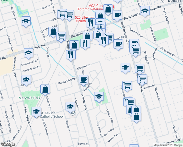 map of restaurants, bars, coffee shops, grocery stores, and more near 7 Ilfracombe Crescent in Toronto