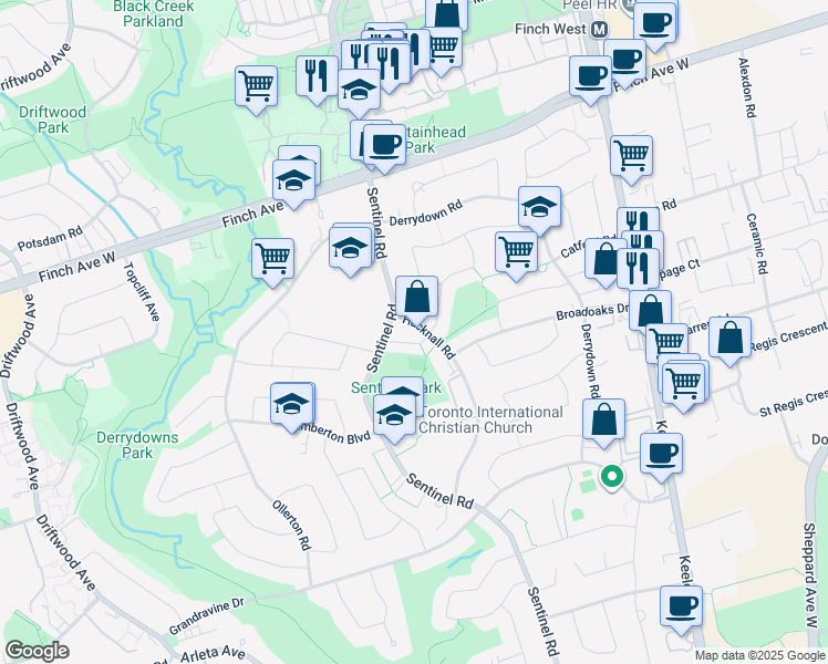 map of restaurants, bars, coffee shops, grocery stores, and more near in Toronto