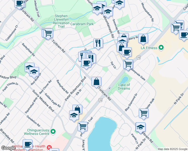 map of restaurants, bars, coffee shops, grocery stores, and more near 32 Stoneledge Circle in Brampton