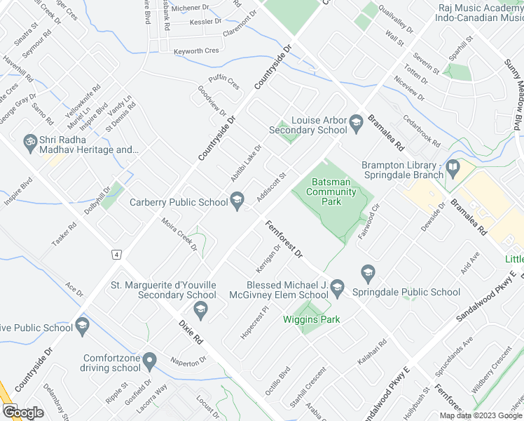 map of restaurants, bars, coffee shops, grocery stores, and more near 525 Fernforest Drive in Brampton