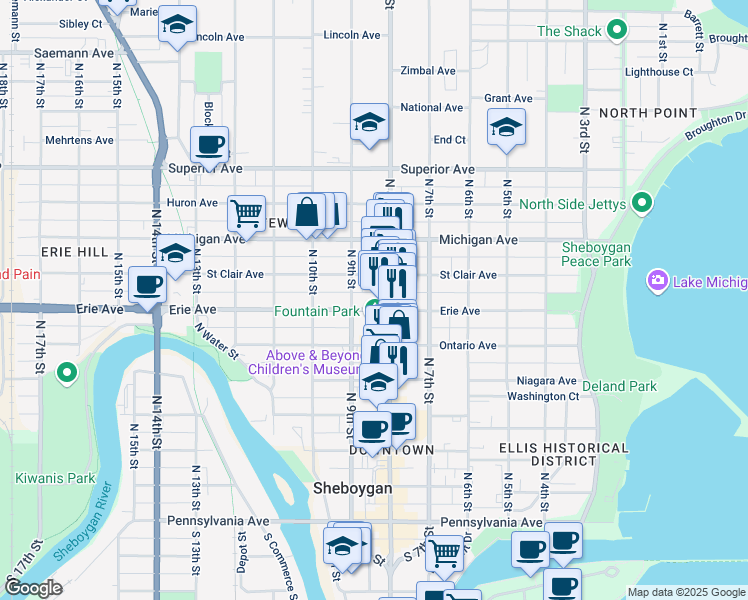 map of restaurants, bars, coffee shops, grocery stores, and more near 1124 North 8th Street in Sheboygan