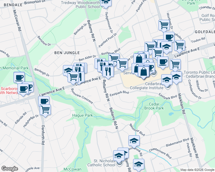 map of restaurants, bars, coffee shops, grocery stores, and more near 365 Bellamy Road North in Toronto