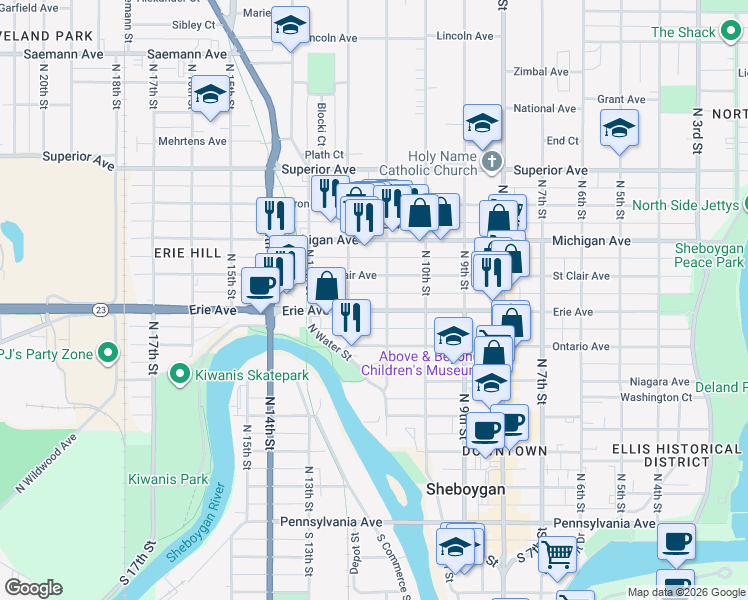 map of restaurants, bars, coffee shops, grocery stores, and more near 1112 Erie Avenue in Sheboygan