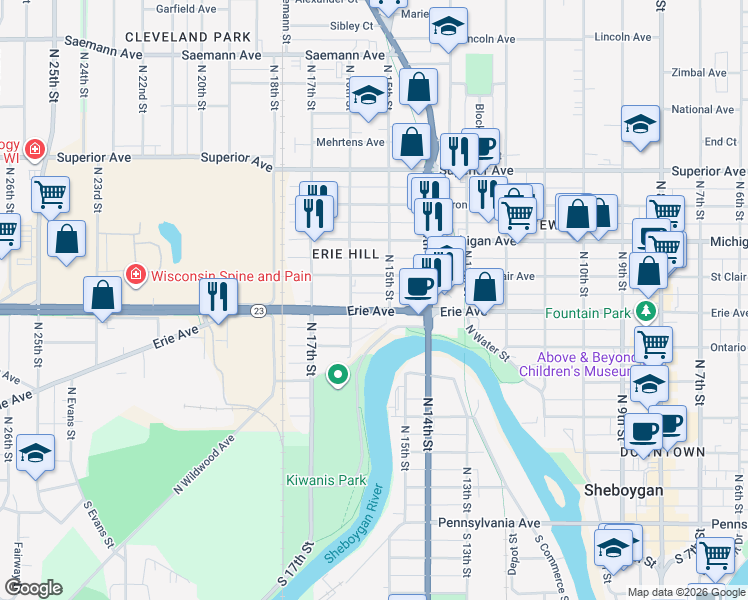map of restaurants, bars, coffee shops, grocery stores, and more near in Sheboygan