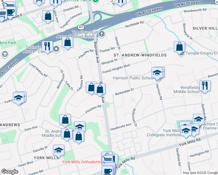 map of restaurants, bars, coffee shops, grocery stores, and more near 11 Old Colony Road in Toronto