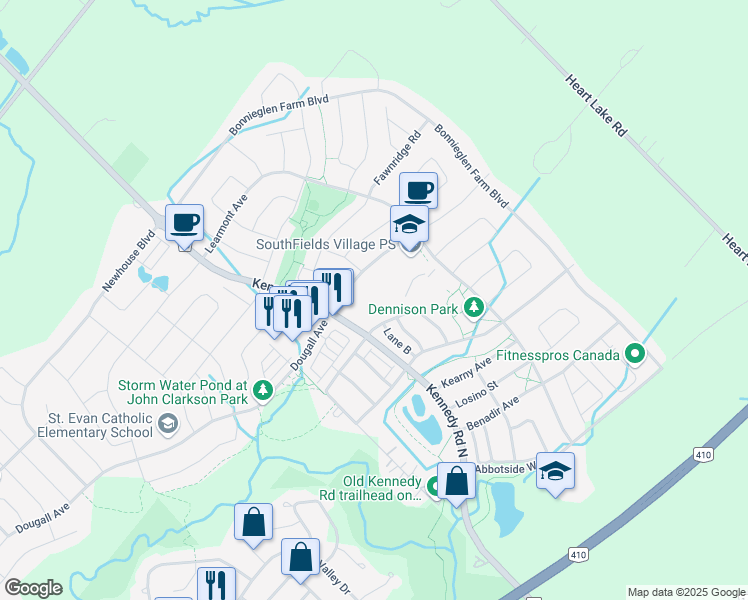 map of restaurants, bars, coffee shops, grocery stores, and more near 225 Dougall Avenue in Caledon