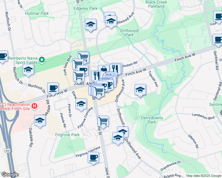 map of restaurants, bars, coffee shops, grocery stores, and more near 1911 Finch Avenue West in Toronto