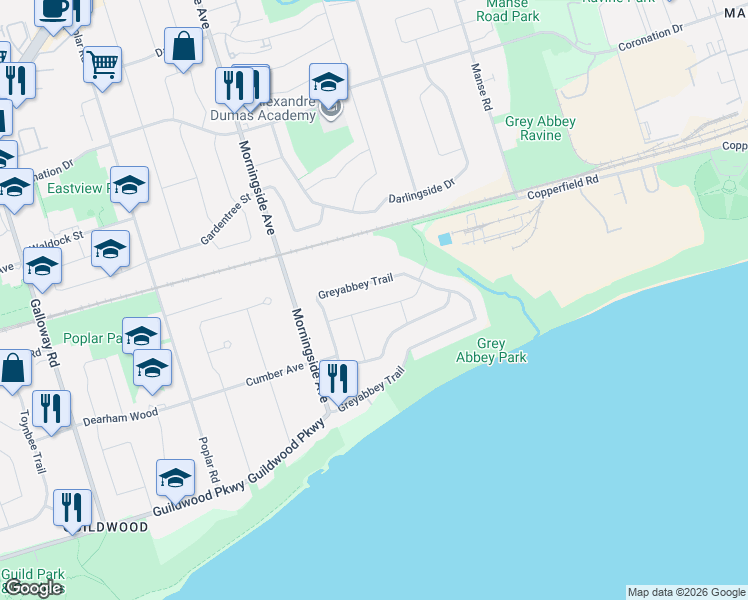 map of restaurants, bars, coffee shops, grocery stores, and more near 24 Fintona Avenue in Toronto