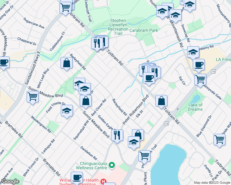 map of restaurants, bars, coffee shops, grocery stores, and more near in Brampton