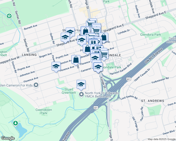 map of restaurants, bars, coffee shops, grocery stores, and more near 39 Cameron Avenue in Toronto