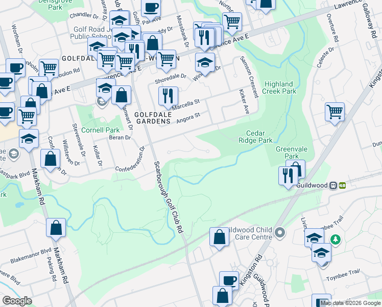 map of restaurants, bars, coffee shops, grocery stores, and more near 40 Stonemanse Court in Toronto