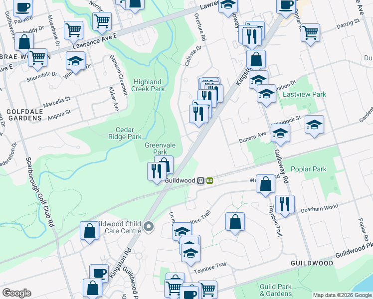 map of restaurants, bars, coffee shops, grocery stores, and more near 2 Kingston Road in Toronto