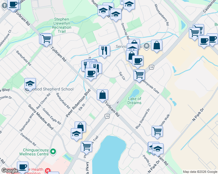 map of restaurants, bars, coffee shops, grocery stores, and more near 136 Ural Circle in Brampton