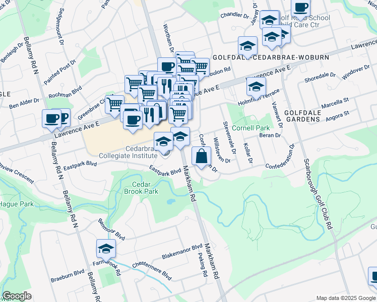 map of restaurants, bars, coffee shops, grocery stores, and more near 525 Markham Road in Toronto