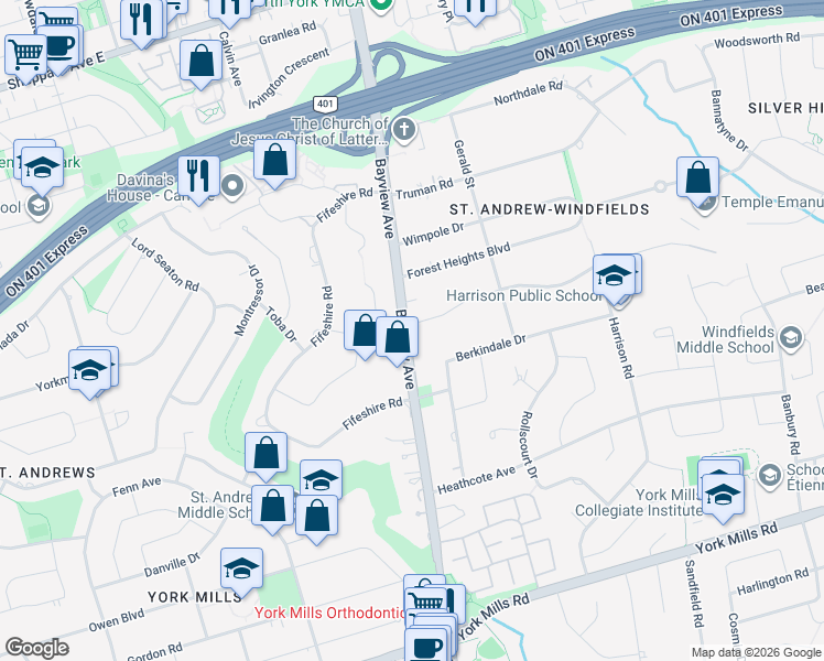 map of restaurants, bars, coffee shops, grocery stores, and more near in Toronto