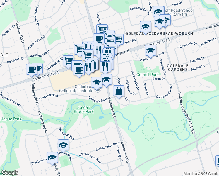 map of restaurants, bars, coffee shops, grocery stores, and more near 525 Markham Road in Toronto