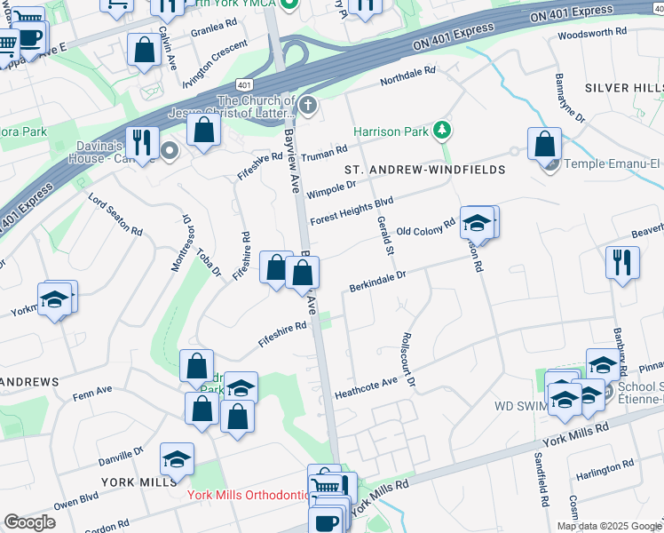 map of restaurants, bars, coffee shops, grocery stores, and more near 15 Old Colony Road in Toronto