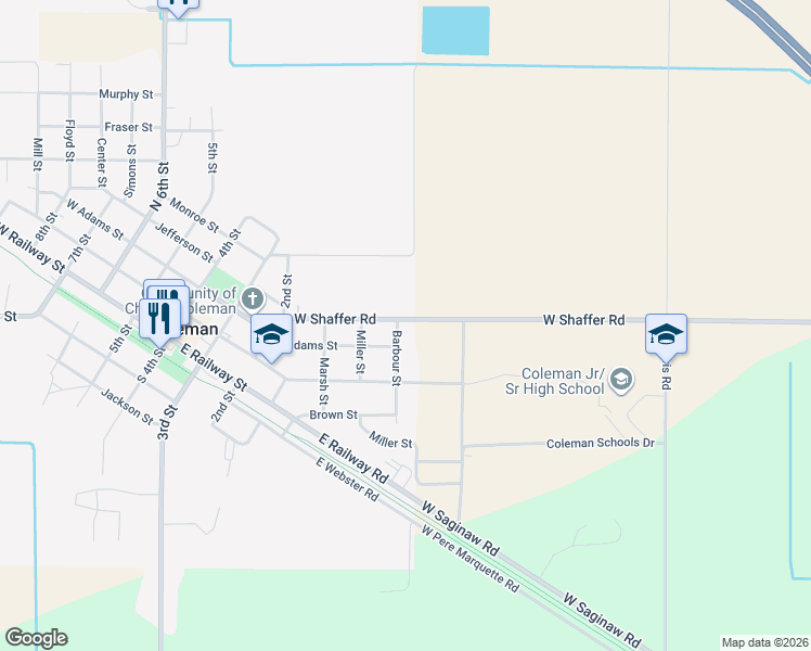 map of restaurants, bars, coffee shops, grocery stores, and more near 813 East Adams Street in Coleman