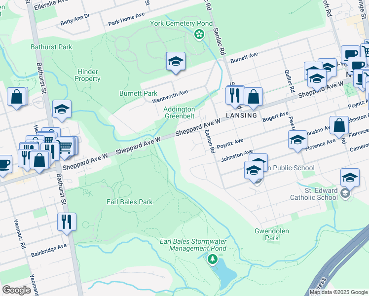 map of restaurants, bars, coffee shops, grocery stores, and more near 325 Bogert Avenue in Toronto