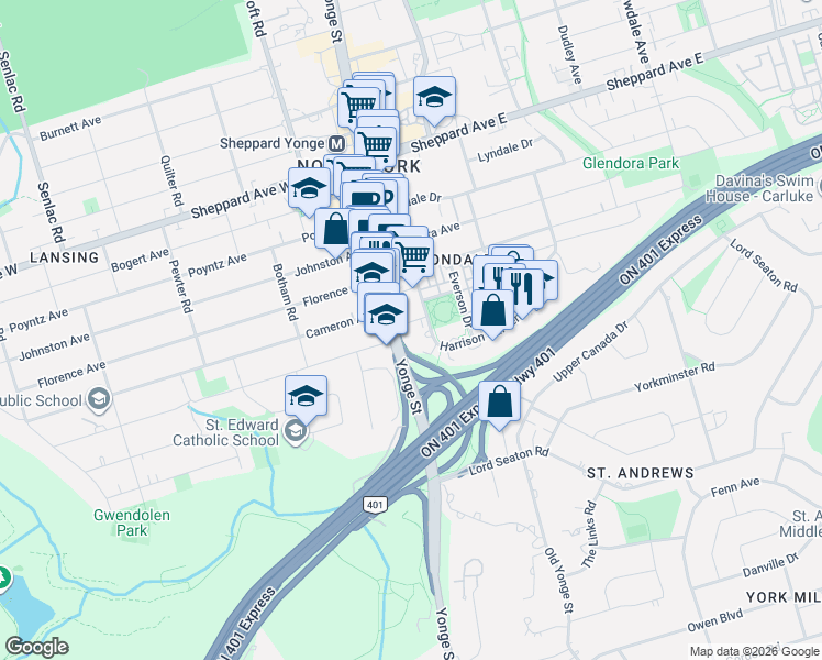 map of restaurants, bars, coffee shops, grocery stores, and more near 28 Harrison Garden Boulevard in Toronto