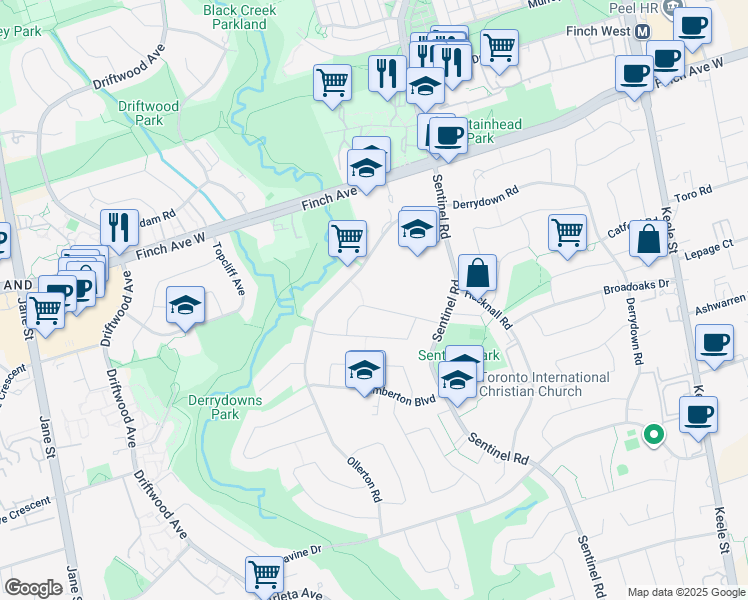 map of restaurants, bars, coffee shops, grocery stores, and more near 32 Dundee Drive in Toronto