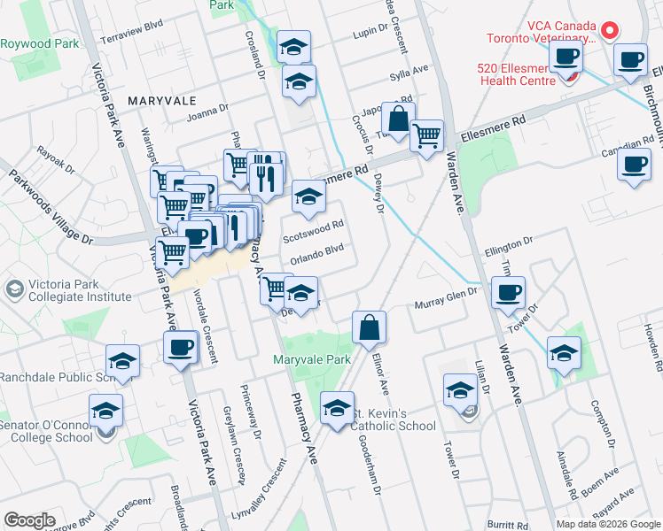 map of restaurants, bars, coffee shops, grocery stores, and more near 117 Marchington Circle in Toronto