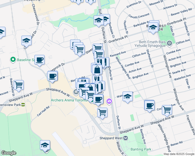 map of restaurants, bars, coffee shops, grocery stores, and more near 265 Rimrock Road in Toronto