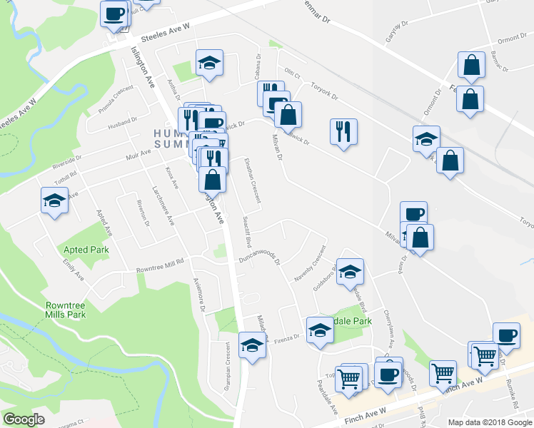 map of restaurants, bars, coffee shops, grocery stores, and more near 21 Elnathan Crescent in Toronto