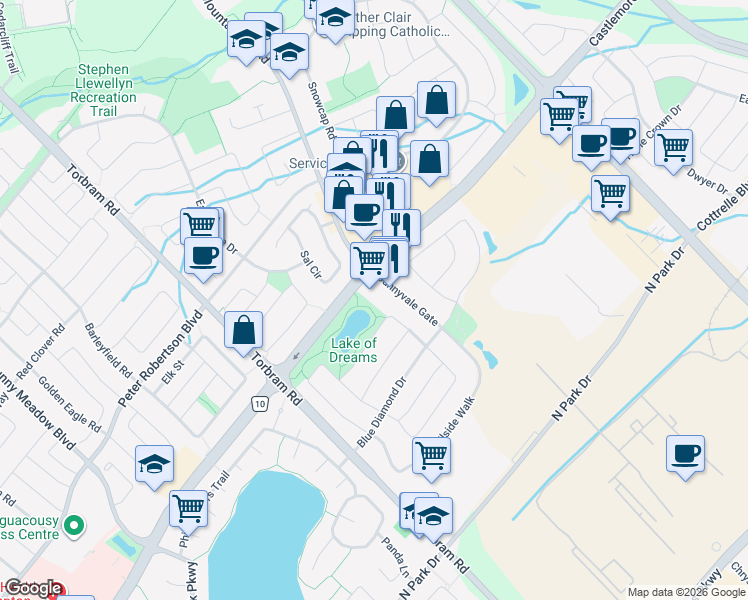 map of restaurants, bars, coffee shops, grocery stores, and more near 50 Sunnyvale Gate in Brampton
