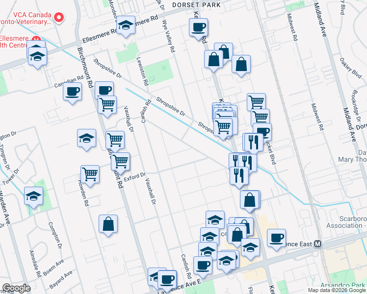 map of restaurants, bars, coffee shops, grocery stores, and more near 16 Vankirk Road in Toronto