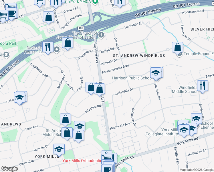 map of restaurants, bars, coffee shops, grocery stores, and more near 15 Old Colony Road in Toronto