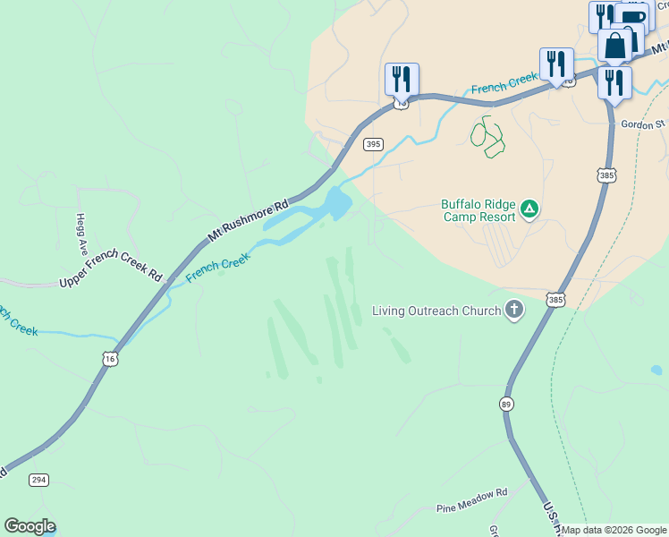 map of restaurants, bars, coffee shops, grocery stores, and more near 25175 Wazi Lane in Custer