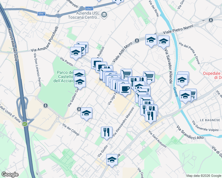 map of restaurants, bars, coffee shops, grocery stores, and more near 26 Via Grazia Deledda in Scandicci