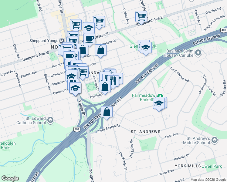 map of restaurants, bars, coffee shops, grocery stores, and more near in Toronto