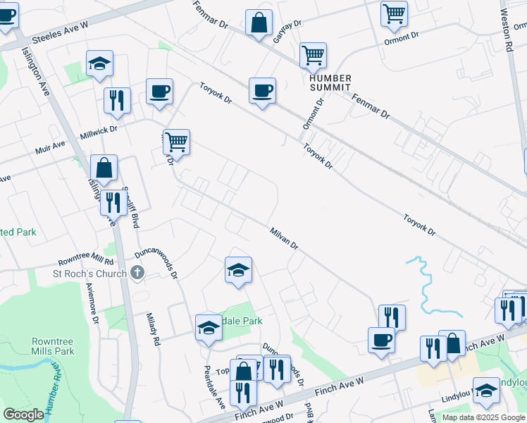 map of restaurants, bars, coffee shops, grocery stores, and more near 7 Millwick Drive in Toronto