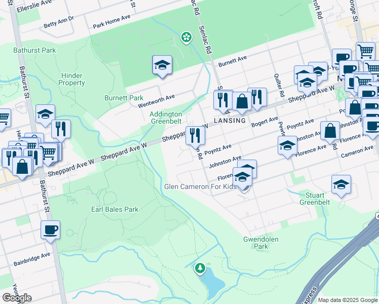 map of restaurants, bars, coffee shops, grocery stores, and more near 325 Bogert Avenue in Toronto