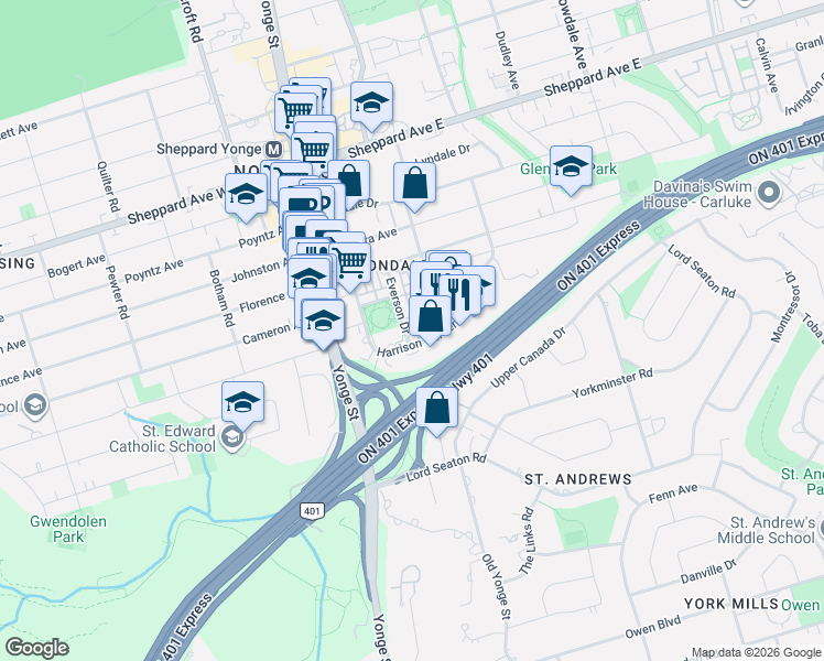 map of restaurants, bars, coffee shops, grocery stores, and more near 3 Everson Drive in Toronto