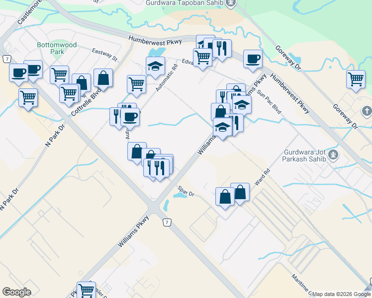map of restaurants, bars, coffee shops, grocery stores, and more near 2150 Williams Parkway in Brampton