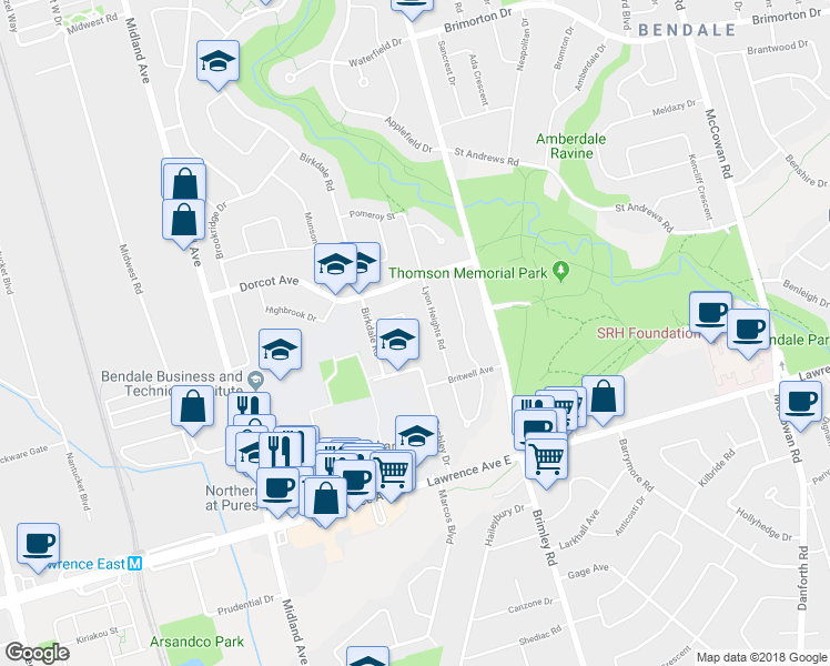 map of restaurants, bars, coffee shops, grocery stores, and more near 27 Medway Crescent in Toronto