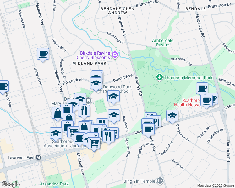 map of restaurants, bars, coffee shops, grocery stores, and more near 27 Medway Crescent in Toronto
