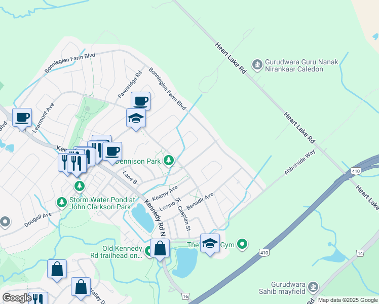map of restaurants, bars, coffee shops, grocery stores, and more near 11 Wishing Well Crescent in Caledon