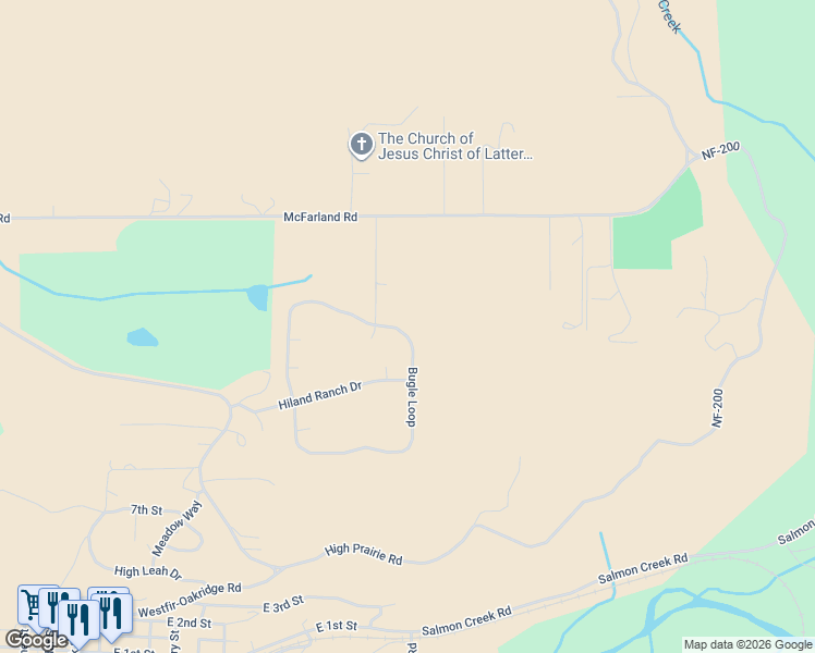 map of restaurants, bars, coffee shops, grocery stores, and more near 76754 Shed Lane in Oakridge