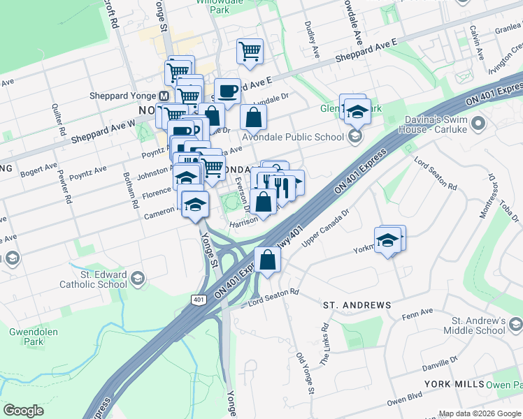 map of restaurants, bars, coffee shops, grocery stores, and more near 3 Everson Drive in Toronto