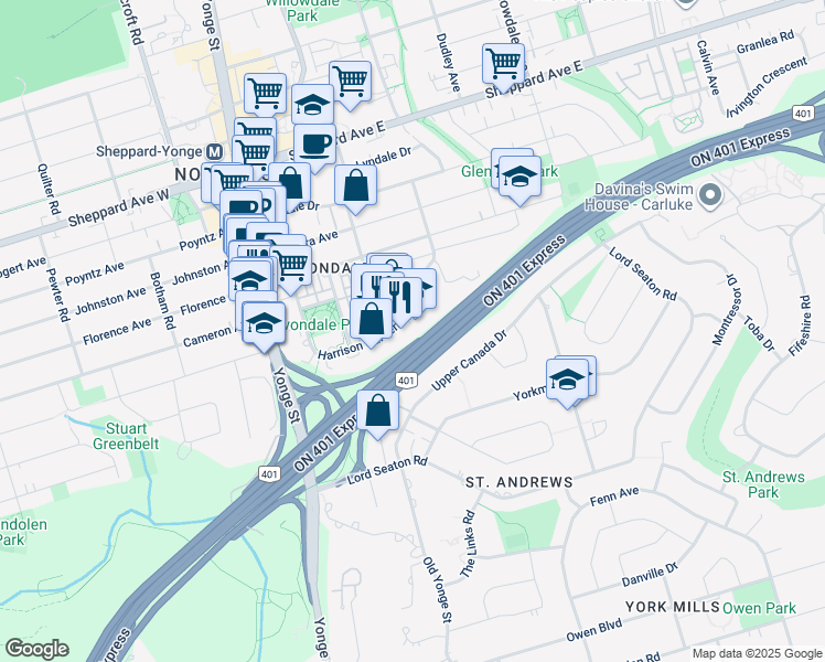 map of restaurants, bars, coffee shops, grocery stores, and more near in Toronto