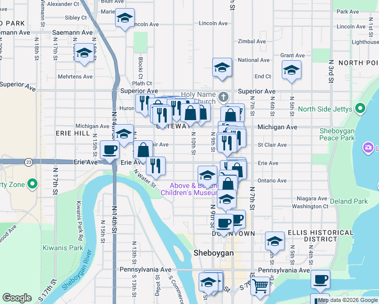 map of restaurants, bars, coffee shops, grocery stores, and more near 1014 Erie Avenue in Sheboygan