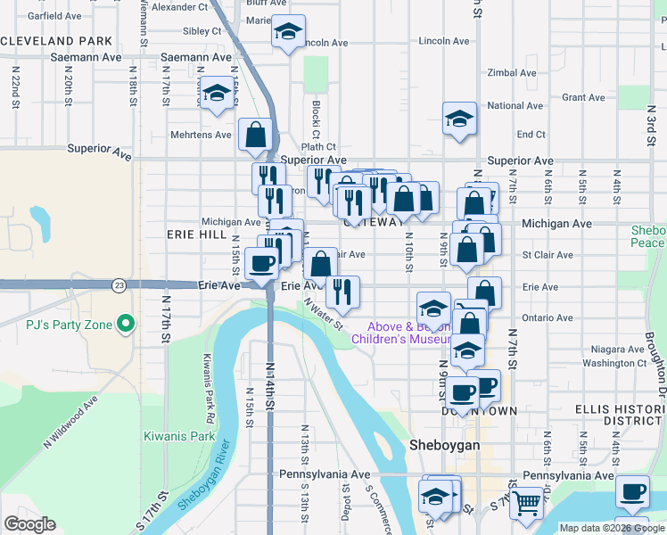 map of restaurants, bars, coffee shops, grocery stores, and more near 1102 North 12th Street in Sheboygan